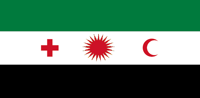 A variant of the Syrian opposition flag used by Liwa Ahfad Saladin, in addition to the flag of Kurdistan and the regular independence flag