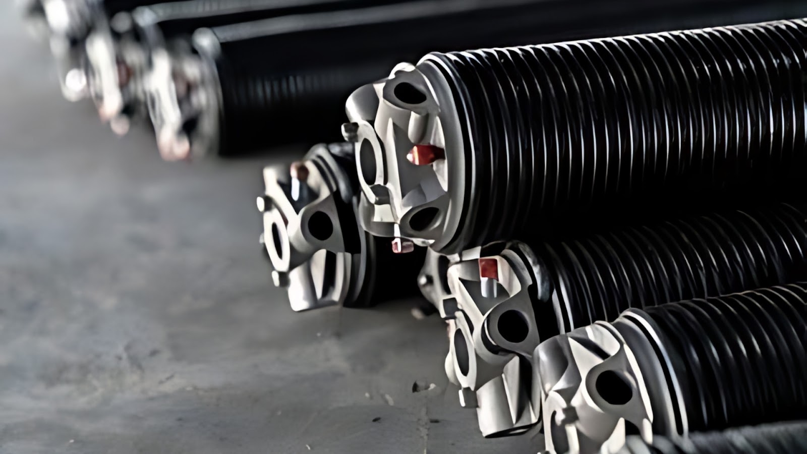A stack of new garage door spring replacement parts
