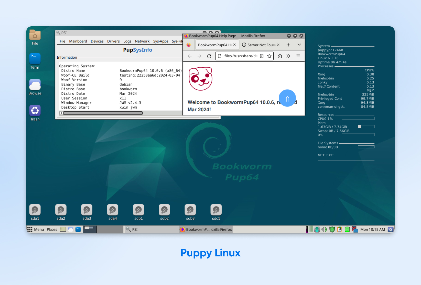 Una pantalla de escritorio que muestra el sistema operativo Puppy Linux mostrando información del sistema y un lindo ícono de cachorro.