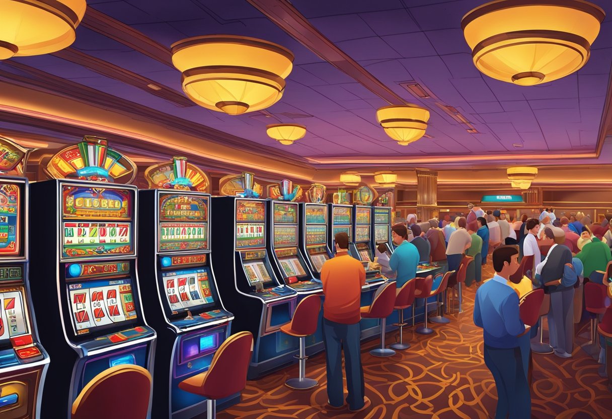 A colorful array of slot machines and card tables fill the bustling casino floor, with players eagerly trying their luck