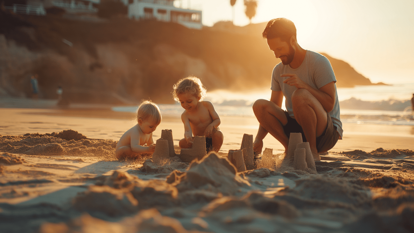 A family building sandcastles on a beach at sunset near their beachfront cottage rental