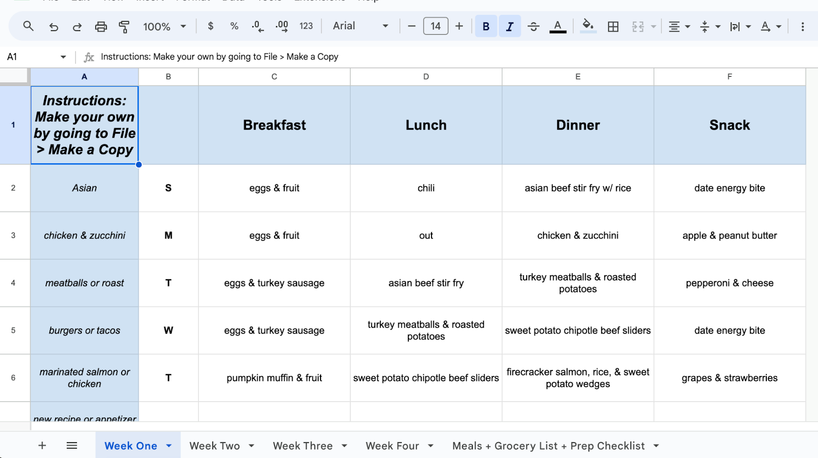 Monthly Meal Planner Spreadsheet