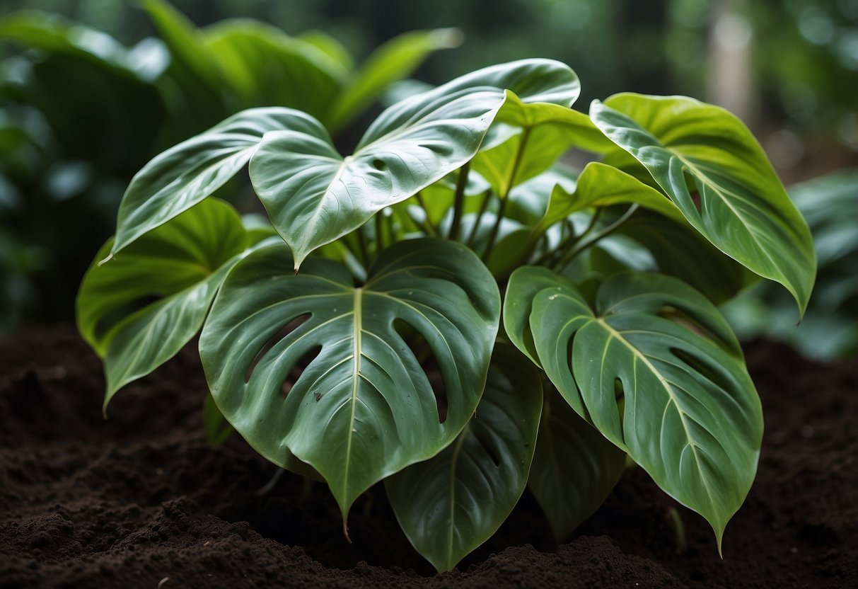 Rich, dark soil with ample moisture. Philodendron thriving in a well-lit environment, surrounded by lush green foliage