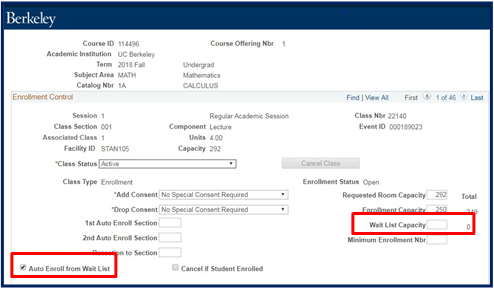 “Auto-Enroll from Wait List” and "Wait List Capacity" emphasized with red box highlight.