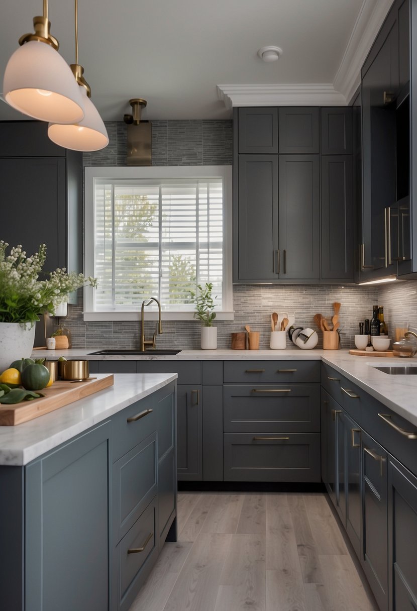 A modern kitchen with two-tone gray cabinets, sleek hardware, and clean lines. Light gray upper cabinets contrast with dark gray lower cabinets, creating a contemporary and stylish look