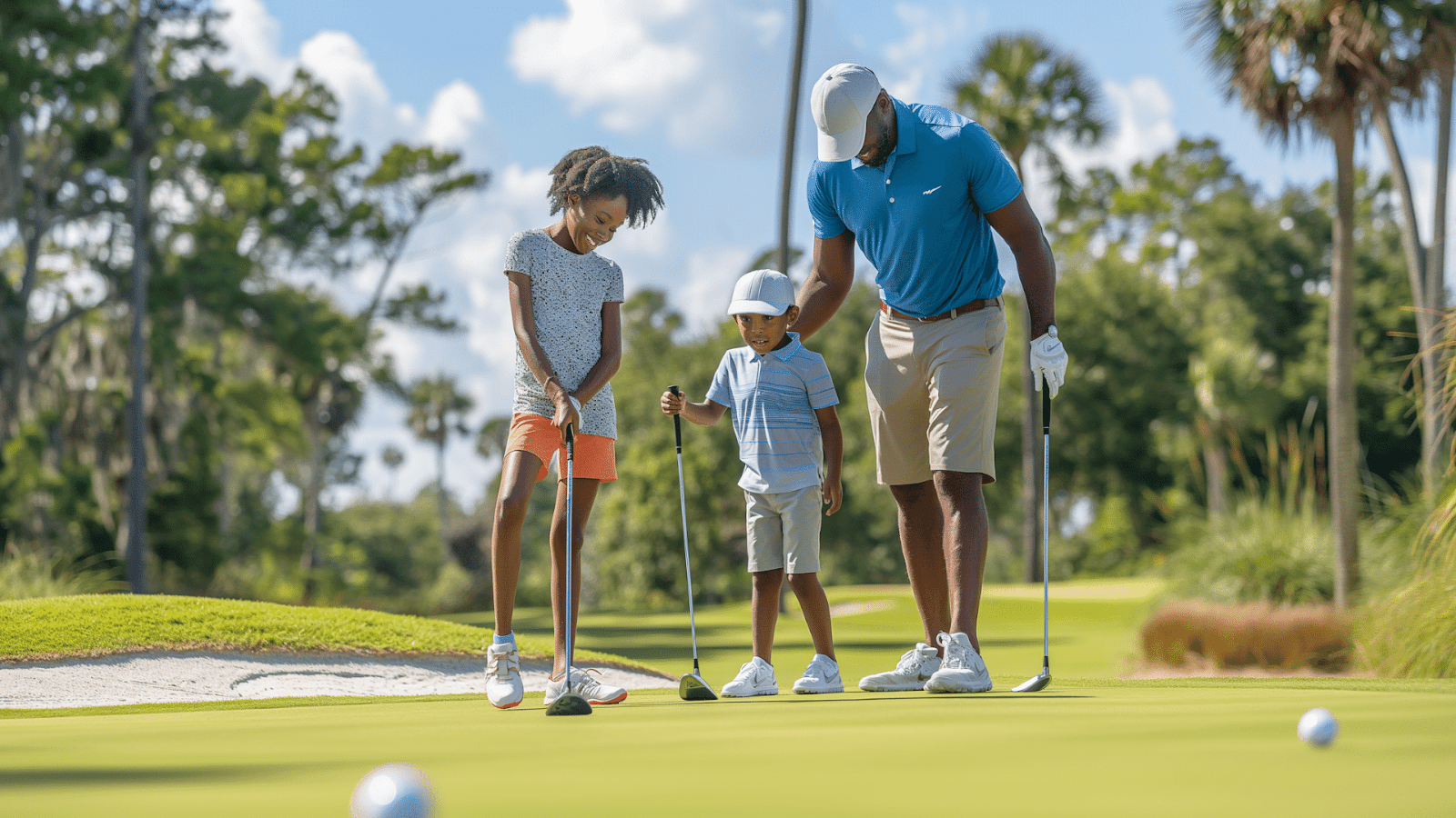 A family having fun putting on the green at a Palmetto Dunes golf course in Hilton Head