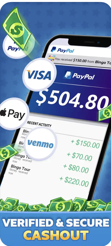 Bingo Tour cashout options for verified, secure cashout, including PayPal, Visa, Apple Pay, and Venmo. 