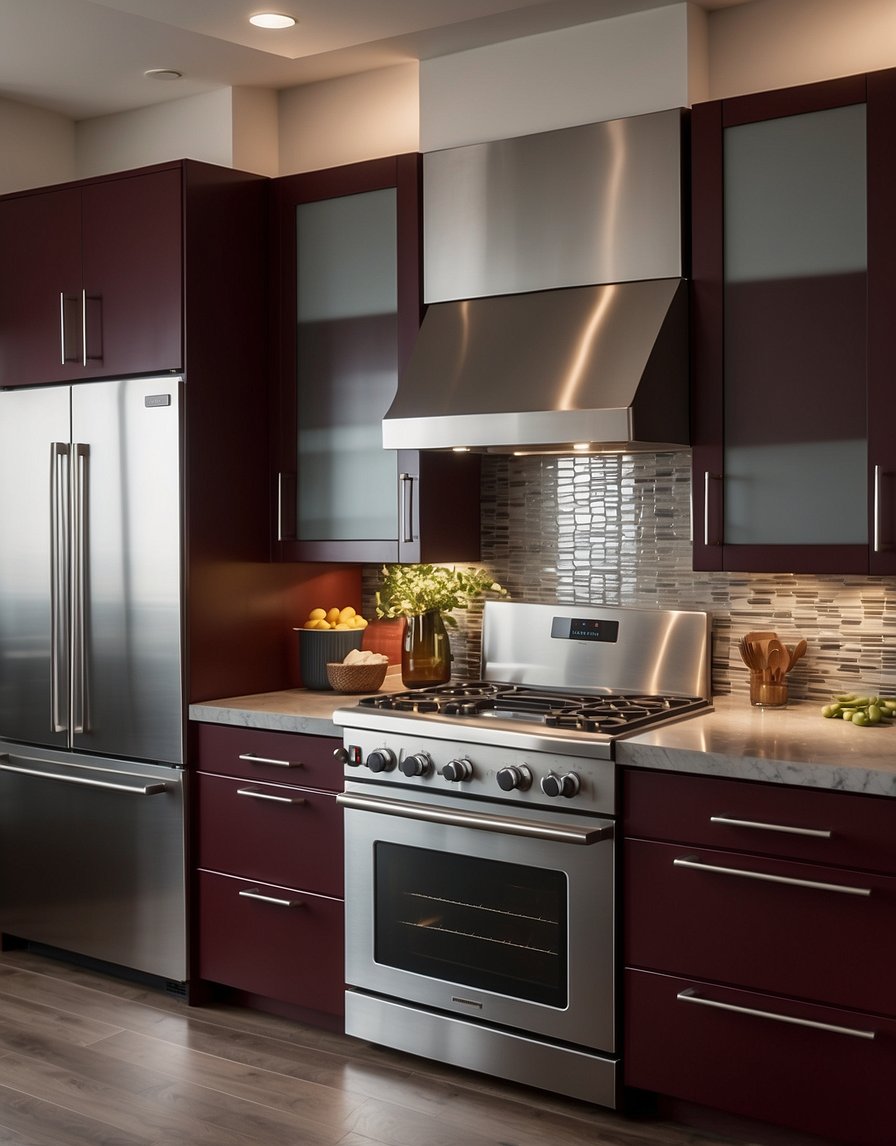 A modern kitchen with burgundy 41 cabinets, sleek countertops, and stainless steel appliances. Warm lighting creates a cozy atmosphere