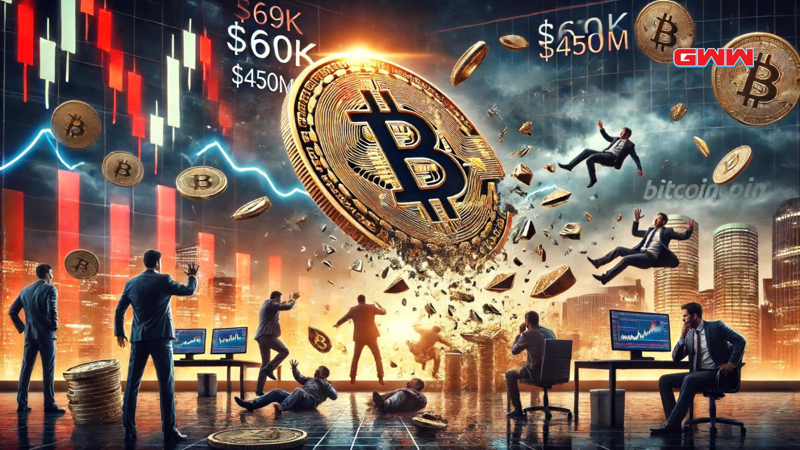 Bitcoin volatility with stock market crash, businessmen reacting to changes