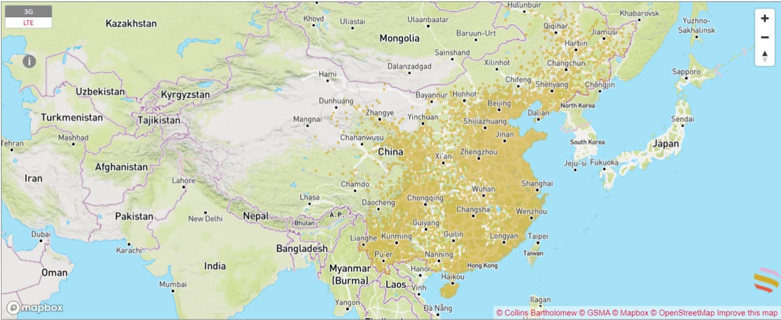 Mapa de cobertura red móvil de China Telecom