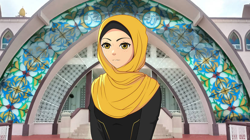 Islamic Girl DP in a yellow hijab and a black dress
