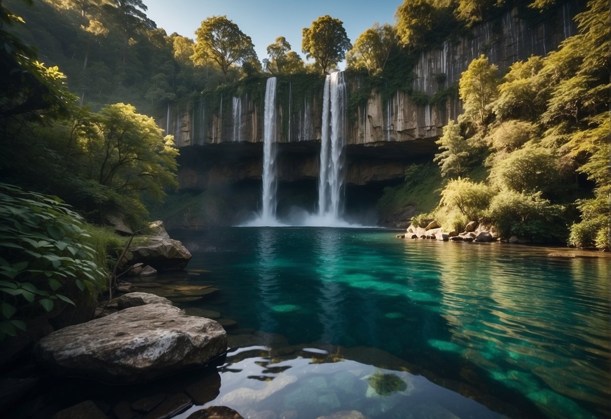 A majestic waterfall cascades over rocky cliffs into a crystal-clear pool below, surrounded by lush greenery and towering trees