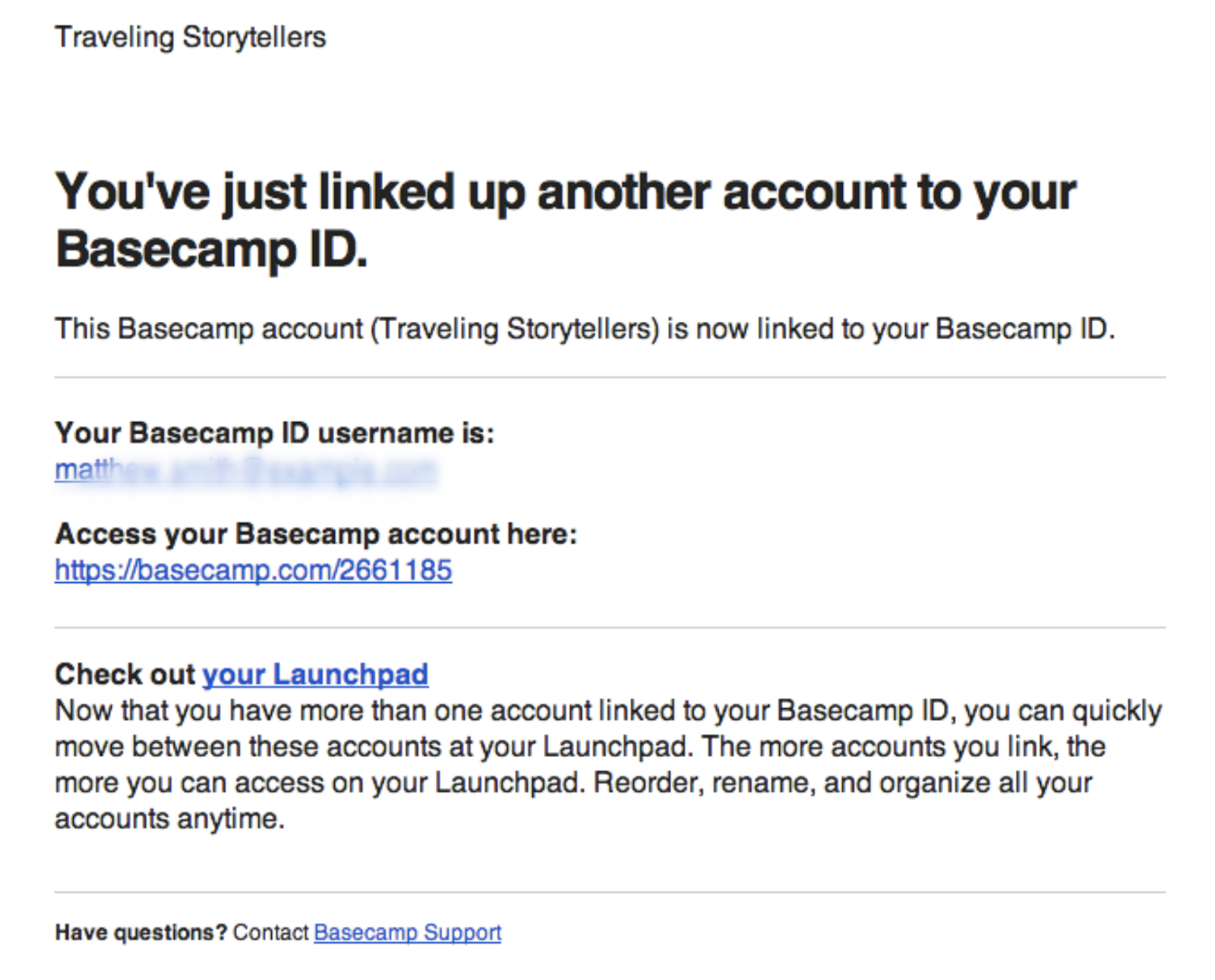 Example of a Basecamp account notification 