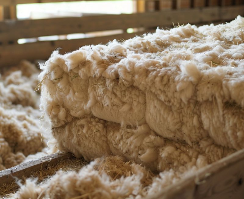 Wool insulation is made from the wool of sheep, offering a natural and renewable option for insulating buildings. This material is known for its excellent thermal properties and sustainability.