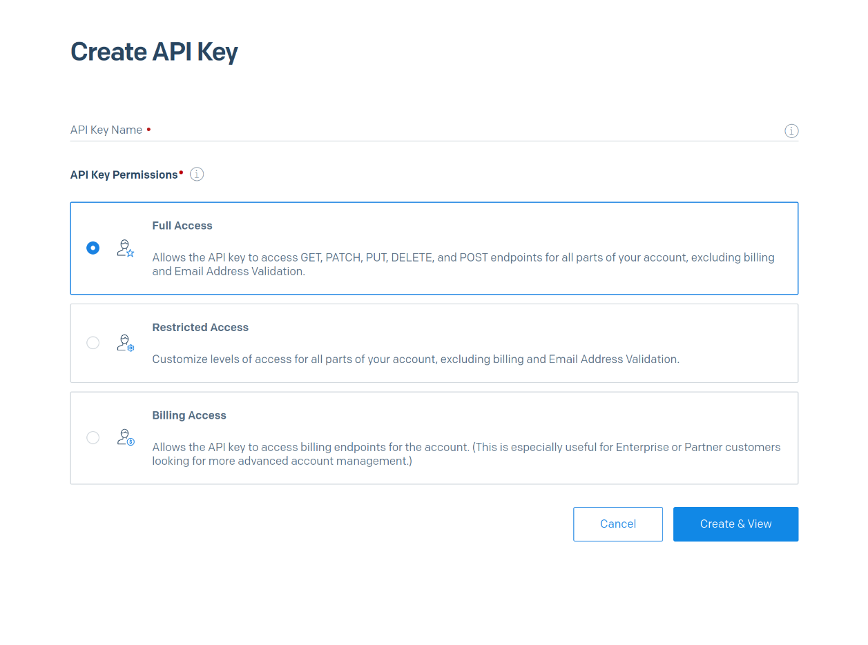 Screenshot of Twilio SendGrid Platform - Create API Key form