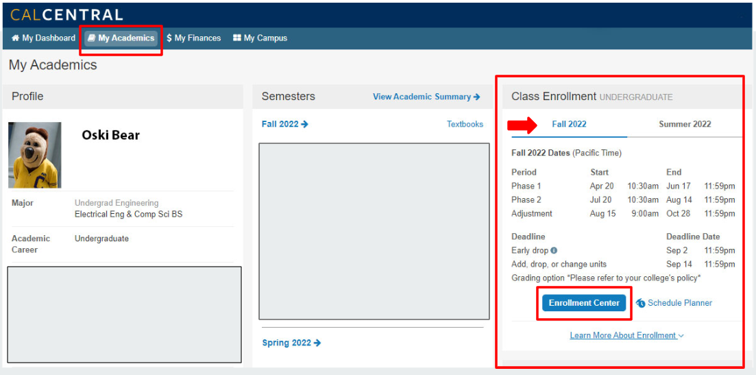 My Academics, Class Enrollment card, semester tab and  “Enrollment Center” button emphasized with red box highlight.