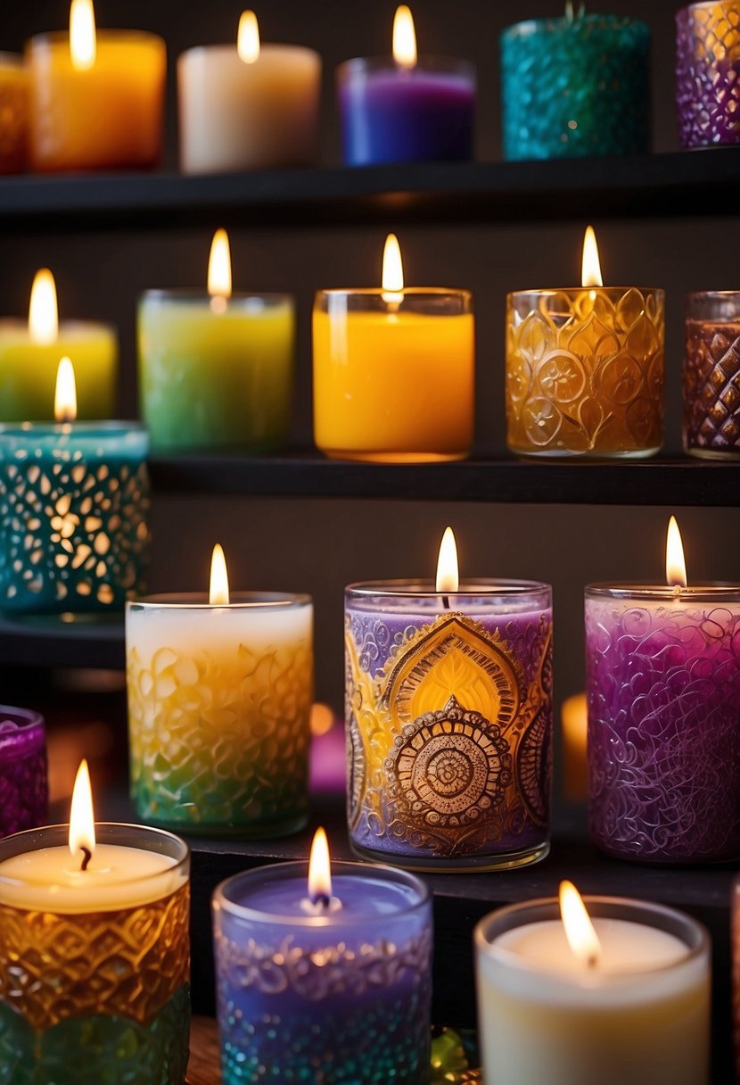 A table filled with colorful, intricately designed handmade candles. Various shapes and sizes, with unique patterns and textures, arranged in an eye-catching display