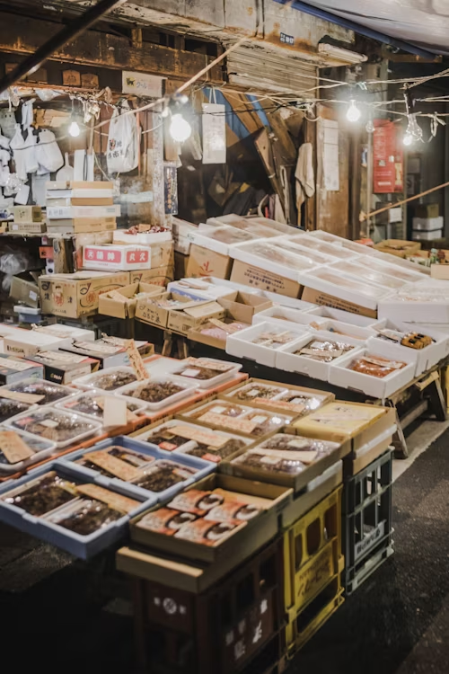 Very dense shop of Tsukiji Outer Market with many items on display 