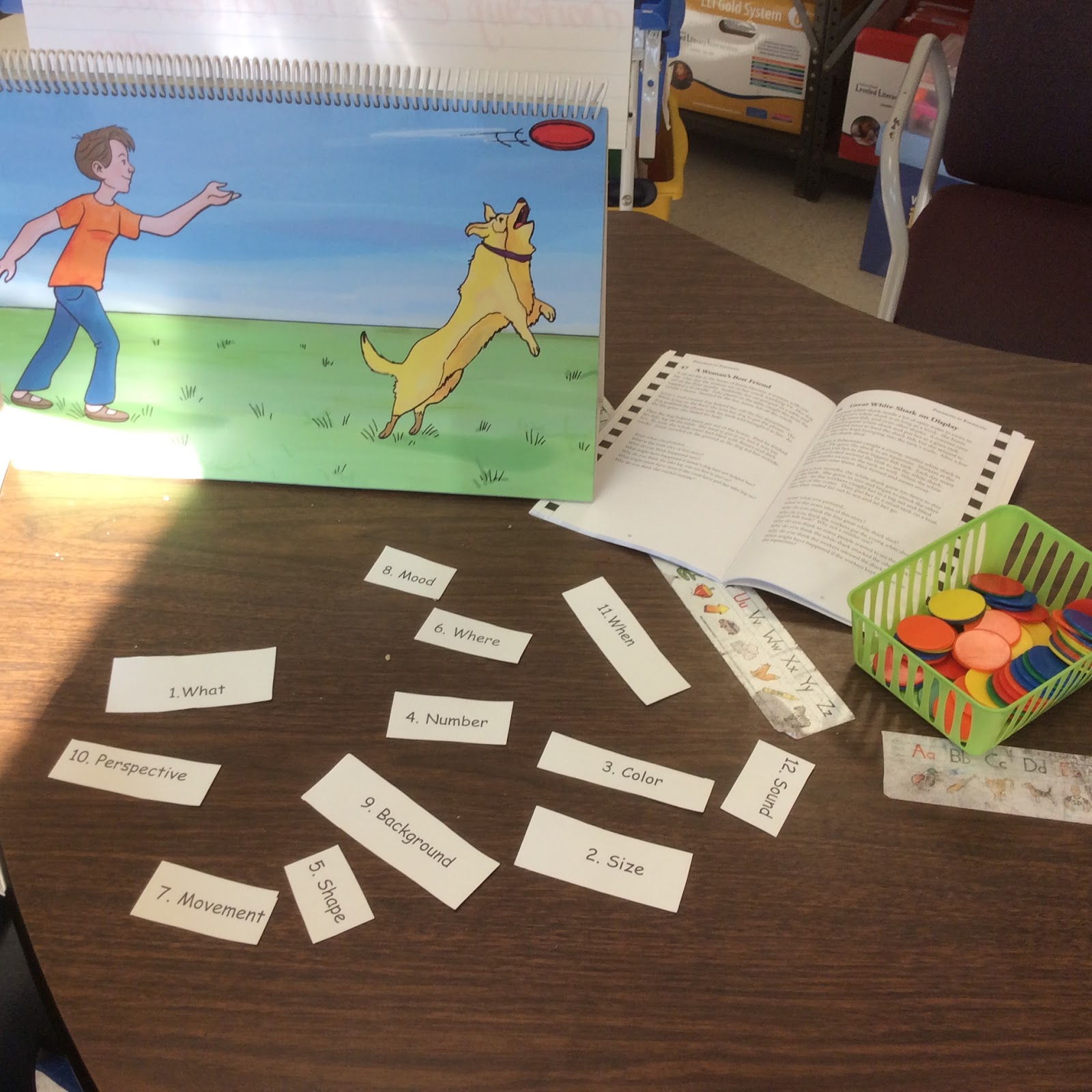 picture of boy with dog and frisbee on table with word labels
