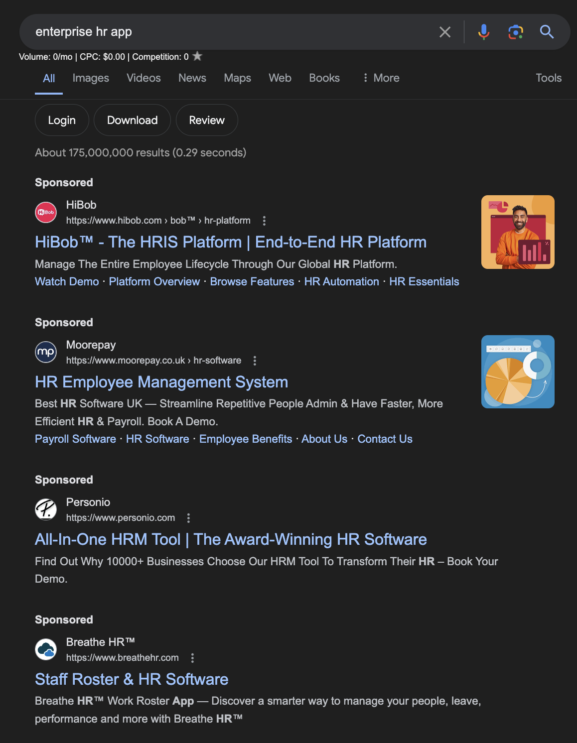 Examples of Google Ad descriptions from a search for enterprise HR apps