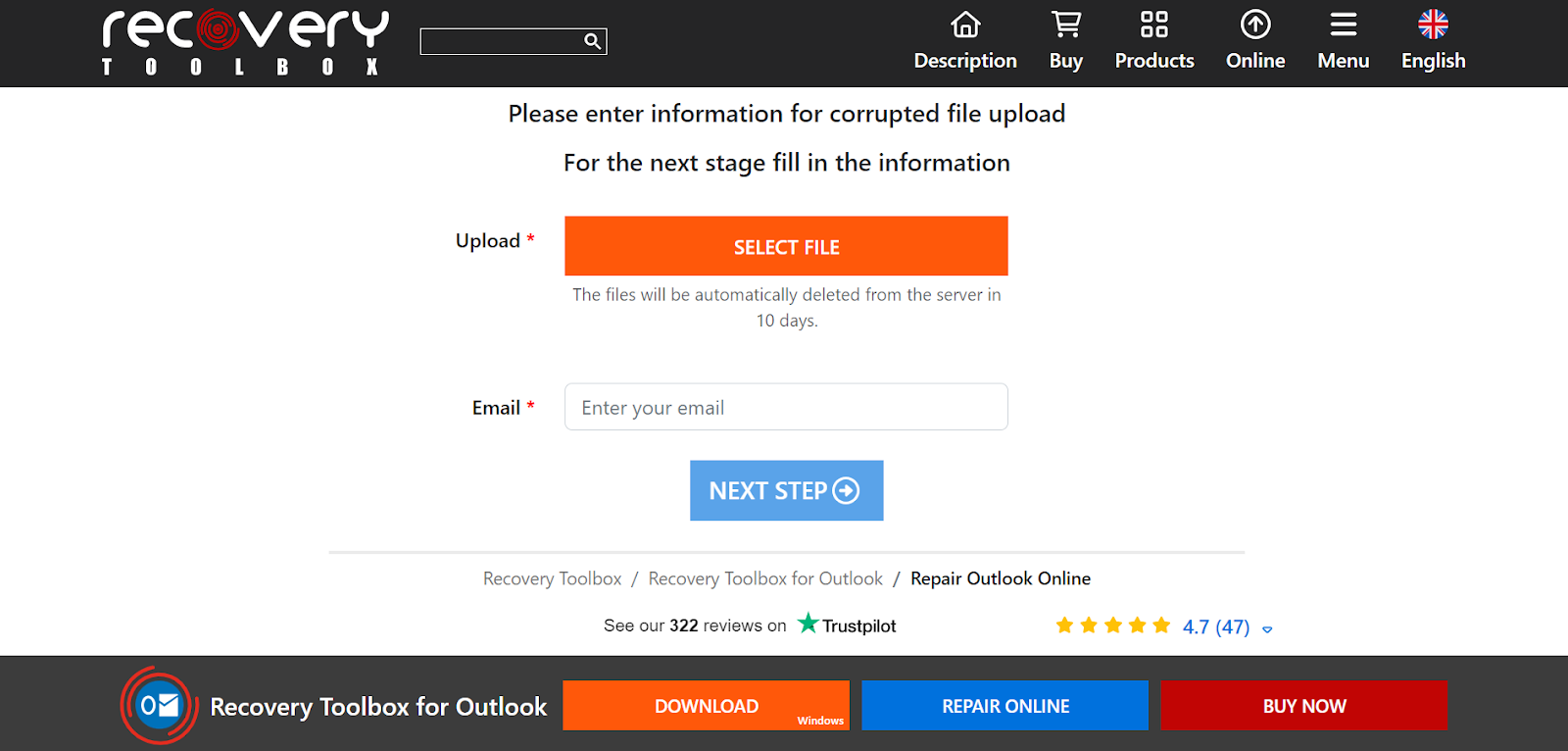 Recovery Toolbox upload screen for corrupted file information.