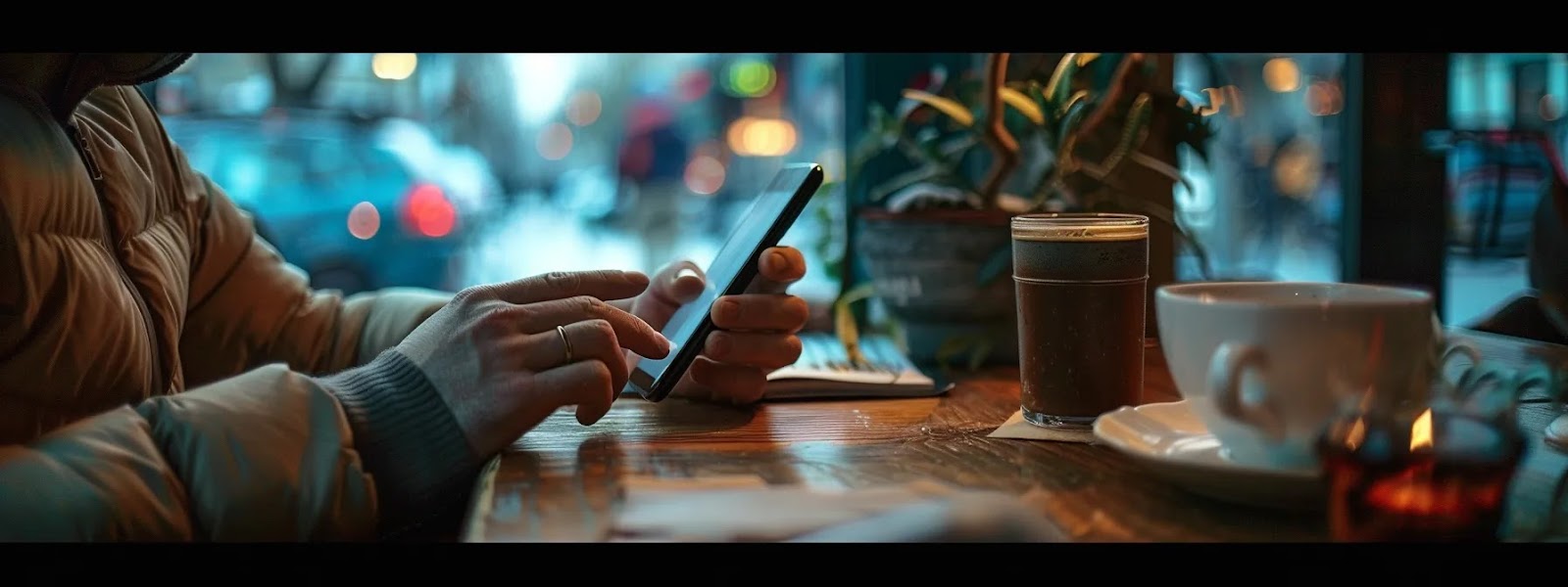 a person typing on a smartphone while sitting at a coffee shop table.