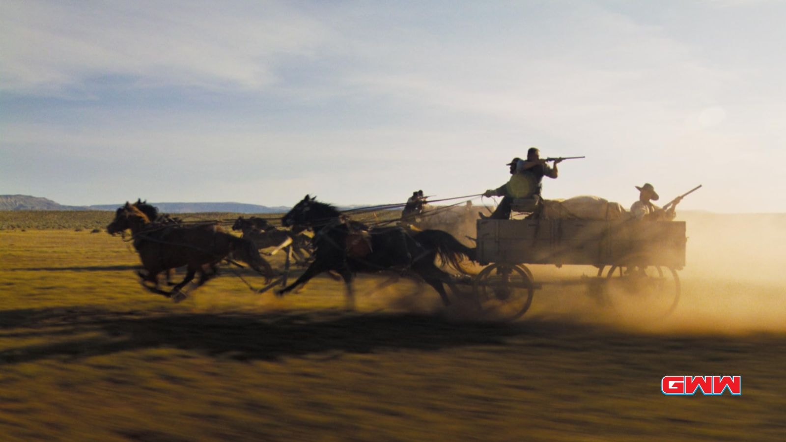 People with firearms riding a horse carriage, Cast of Horizon: An American Saga