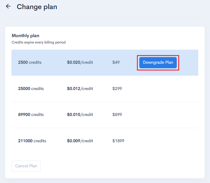 Downgrade plan on Proxycurl dashboard