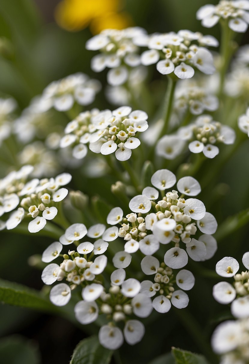 A cluster of 31 white Sweet Alyssum flowers in full bloom, with delicate petals and a sweet, fragrant scent