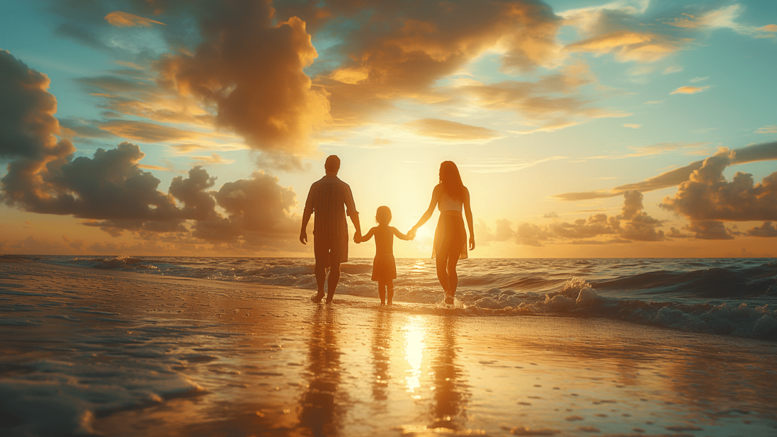 A family walking hand-in-hand along the shore at sunset in Palmetto Dunes