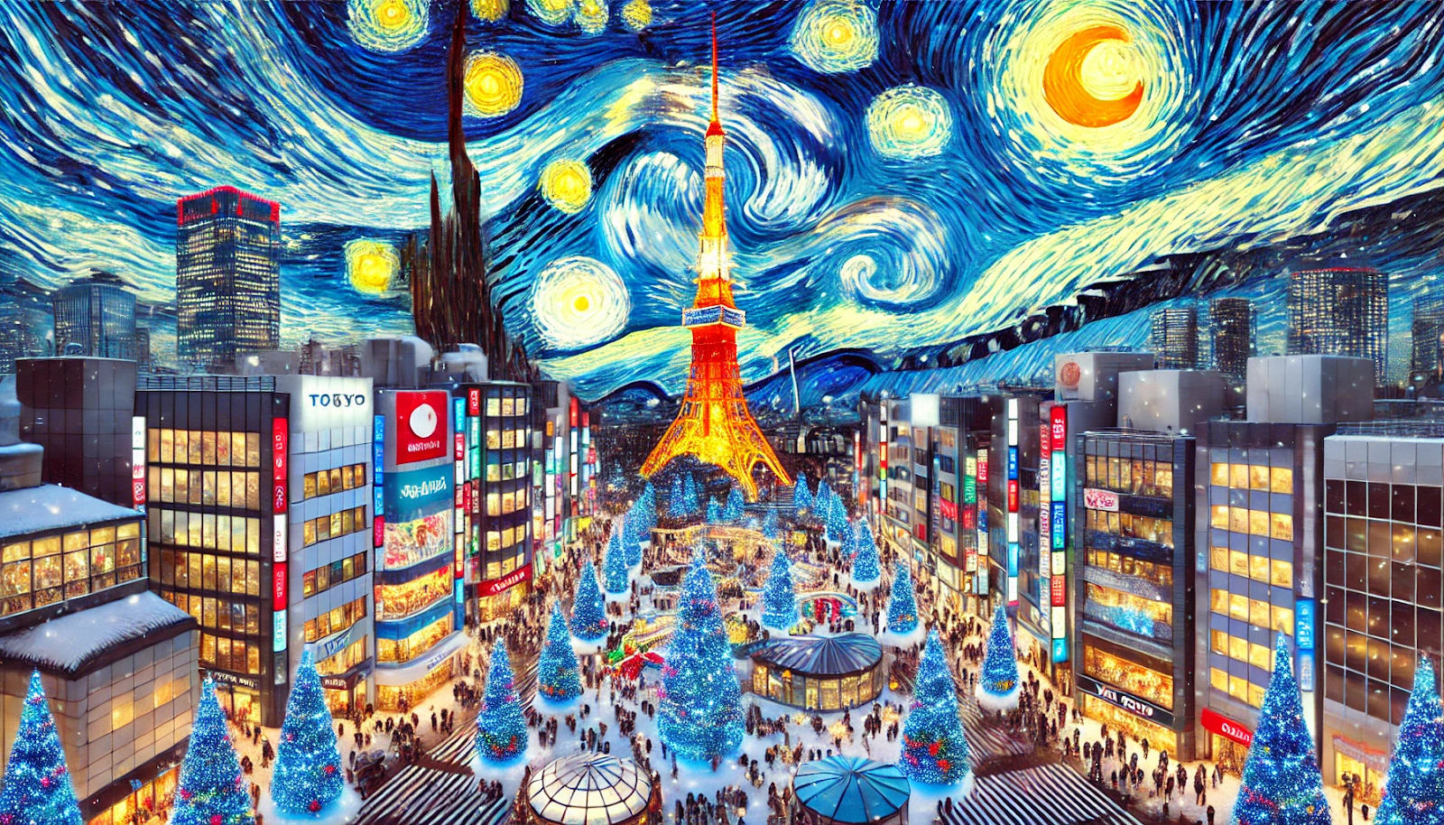 「A December scene in Tokyo depicted in the style of Van Gogh's "Starry Night"（ゴッホの『星月夜』のスタイルで描かれた東京の12月の風景）」