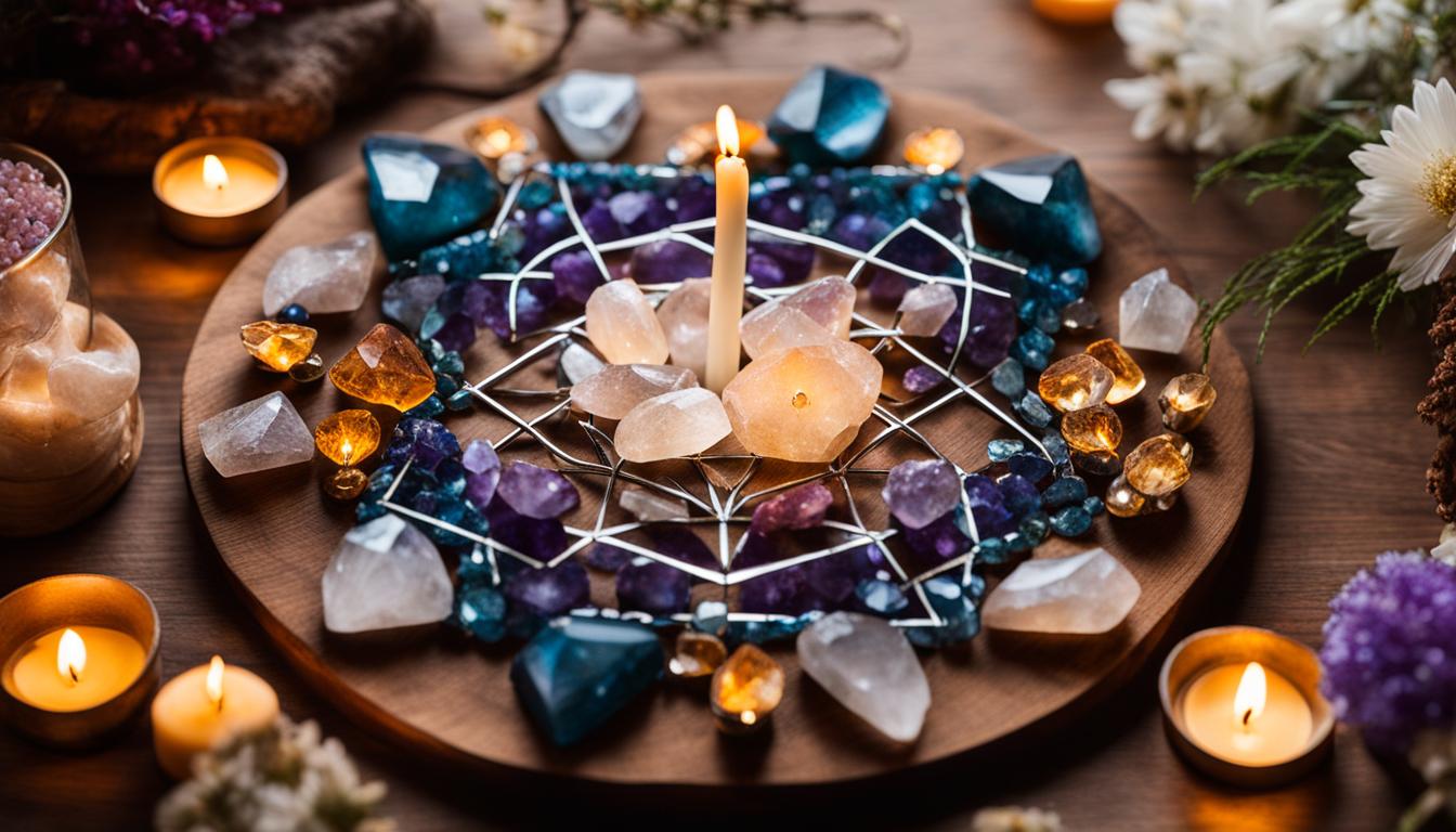 A crystal grid with various types of crystals arranged in a geometric pattern, creating a powerful flow of energy to amplify manifestation power. The central crystal is larger than the others and radiates a vibrant energy that connects with the universe. The stones are placed on a wooden board and surrounded by candles and flowers, adding a touch of natural beauty to the sacred space. The colors of the crystals range from purple to green, each with their own unique energy and purpose. The whole image evokes a sense of peacefulness and harmony, making it an ideal tool for manifestation practices.