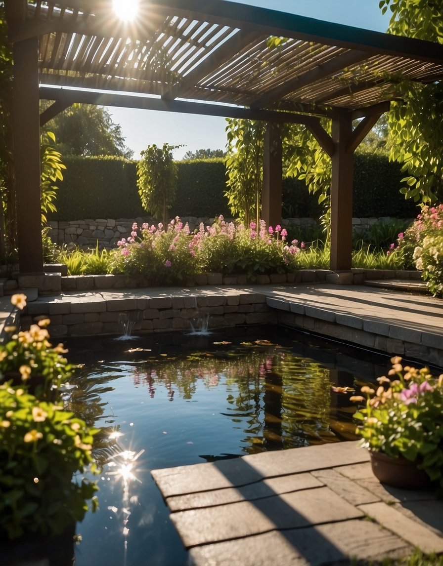 A pergola stands with a tranquil water feature, surrounded by lush greenery and blooming flowers. The sunlight filters through the open roof, casting a dappled pattern on the ground