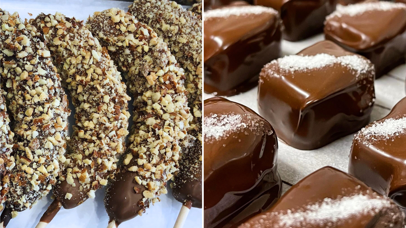 Chocolate dipped salted caramels and chocolate dipped bananas with nuts from Hatch Family Chocolates in Utah.