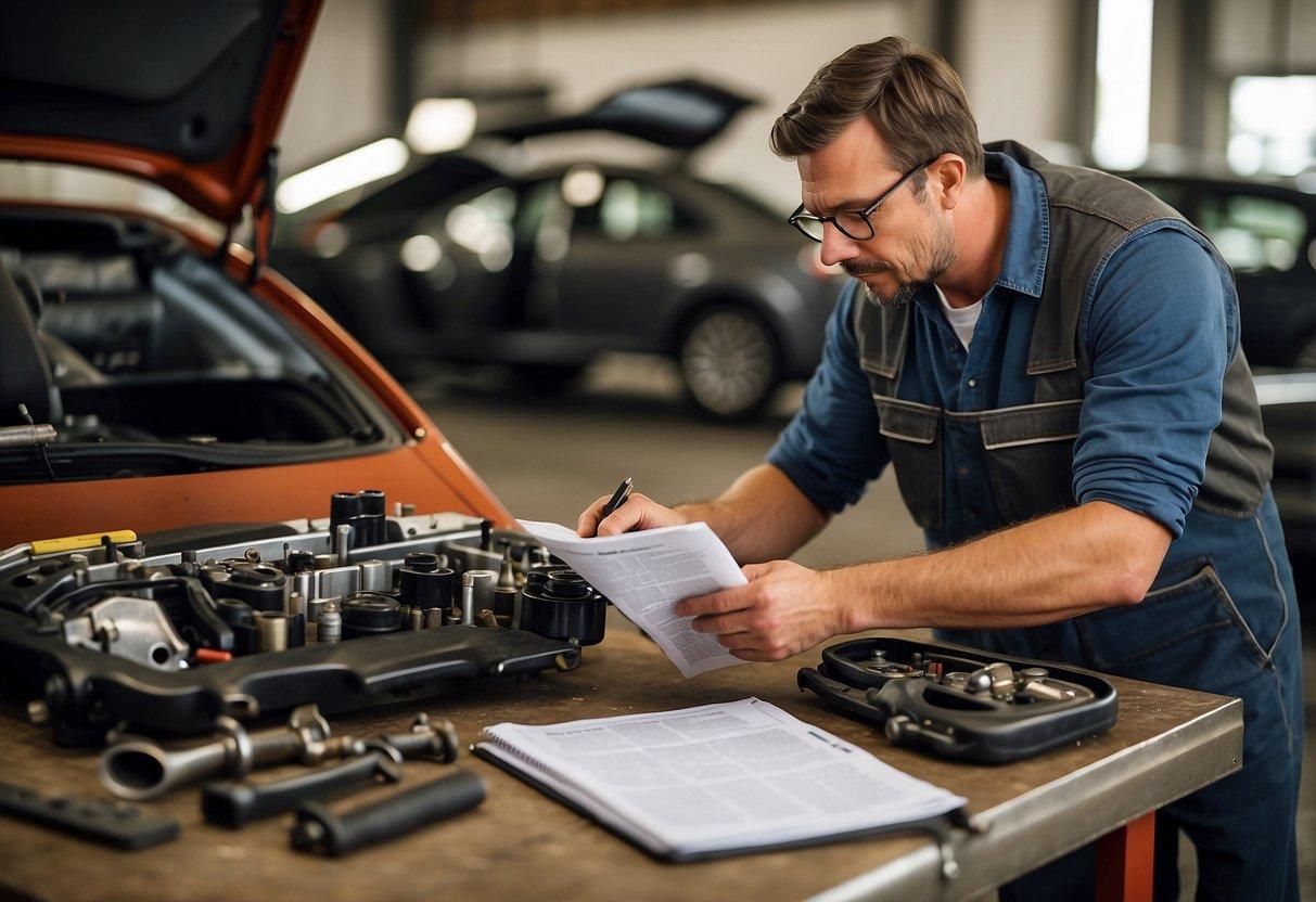A mechanic studying a workshop manual next to a car, tools scattered around. An owner's manual sits nearby, highlighting the difference