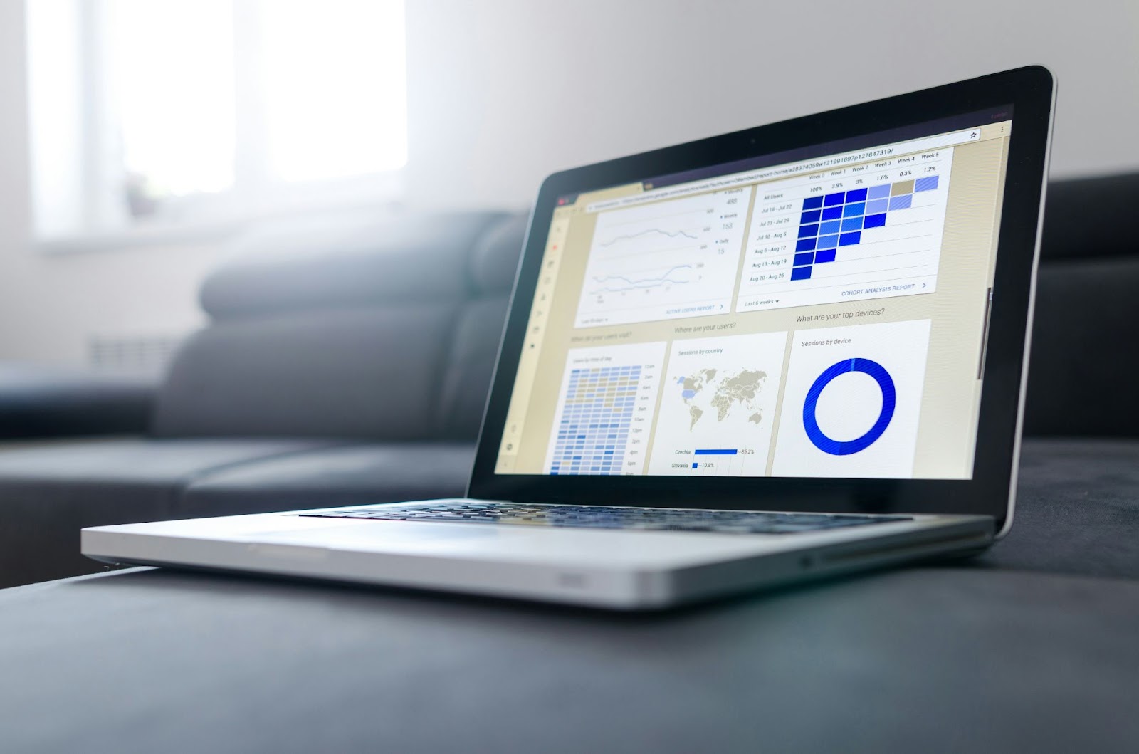 A laptop displaying data analytics and graphs on the screen