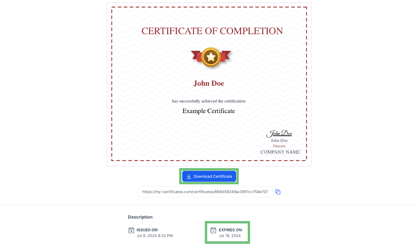 A screenshot of a certificateDescription automatically generated