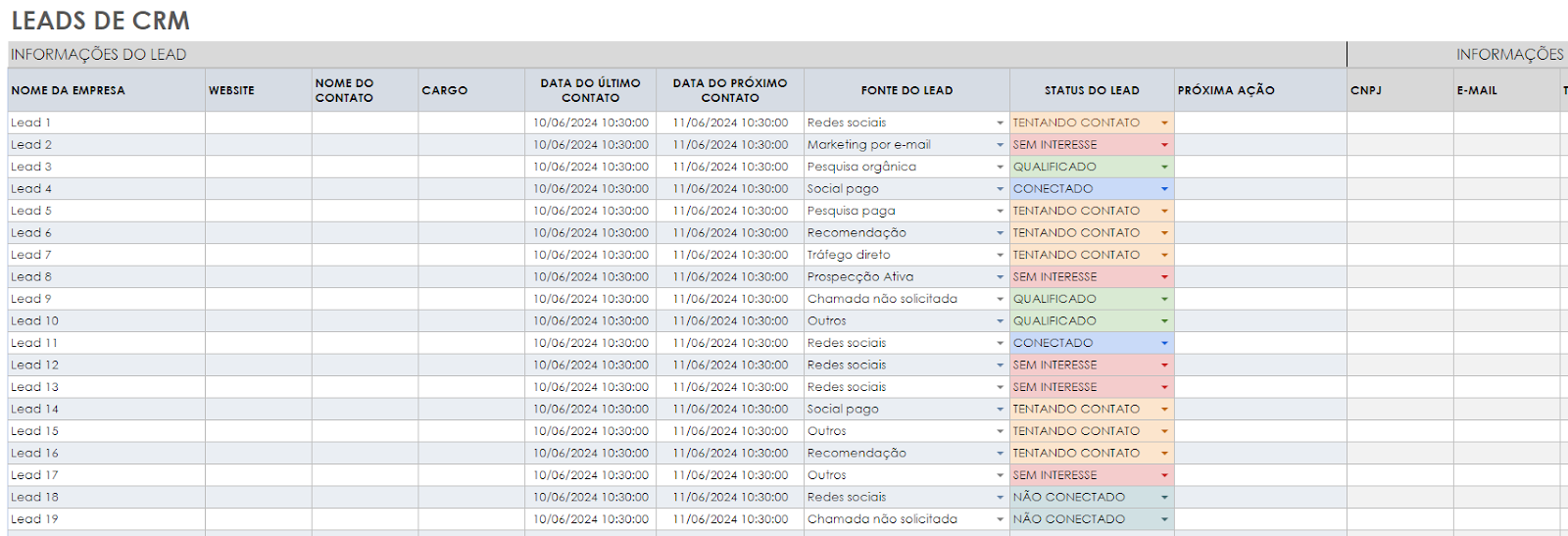 página de leads da planilha de crm