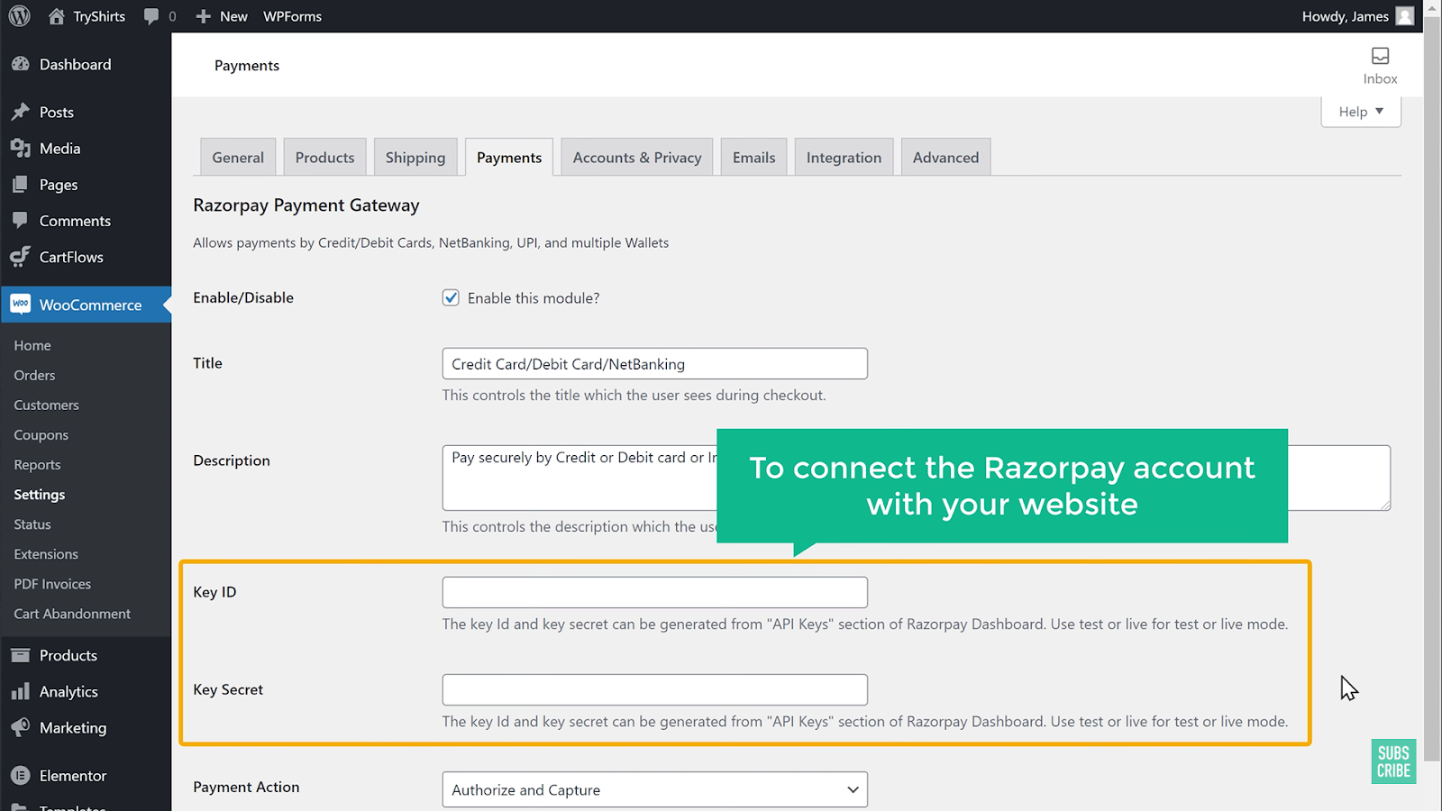 wordpress dashboard showing the key id section and Key Secret section on wordpress woocommerce section.