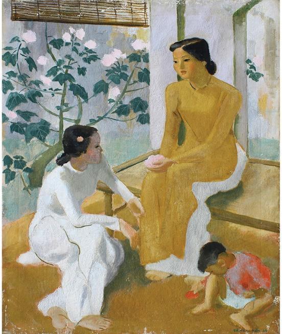 A painting of women sitting on a staircase

Description automatically generated