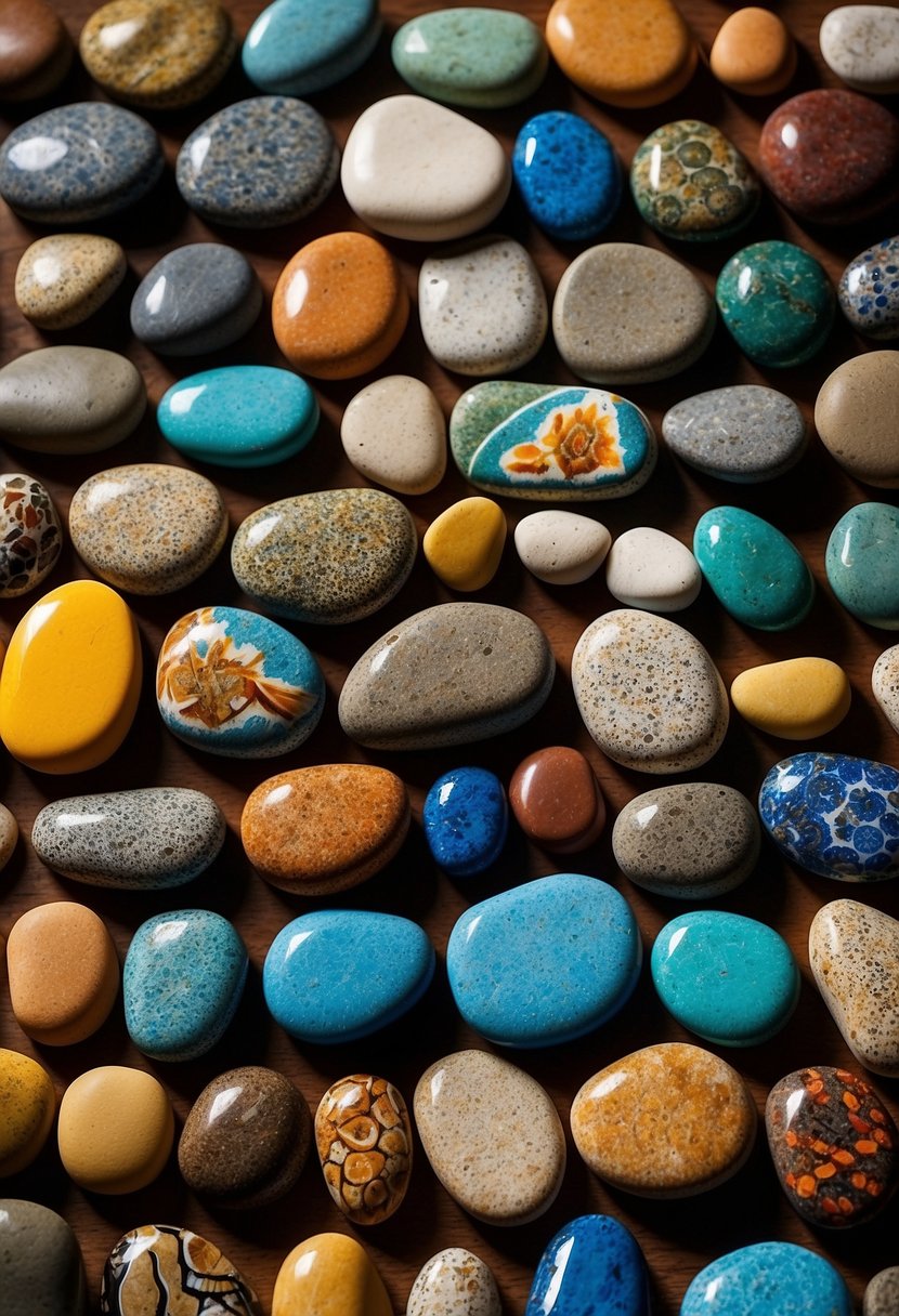 A table covered in painted rocks of various sizes and designs, displayed for sale at a craft fair. Sunlight illuminates the vibrant colors and intricate patterns, drawing the attention of potential buyers