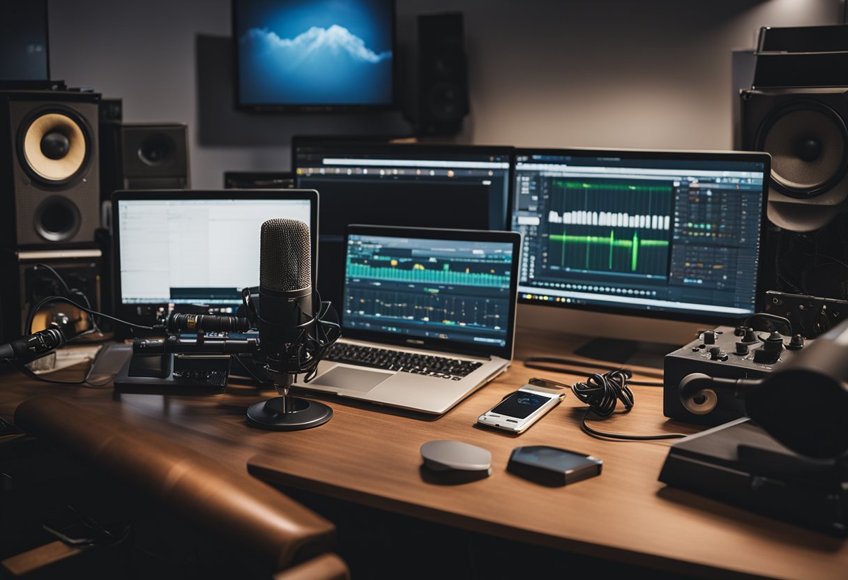 A cluttered desk with a laptop, audio interface, and inexpensive microphones. A small room with acoustic treatment and dim lighting