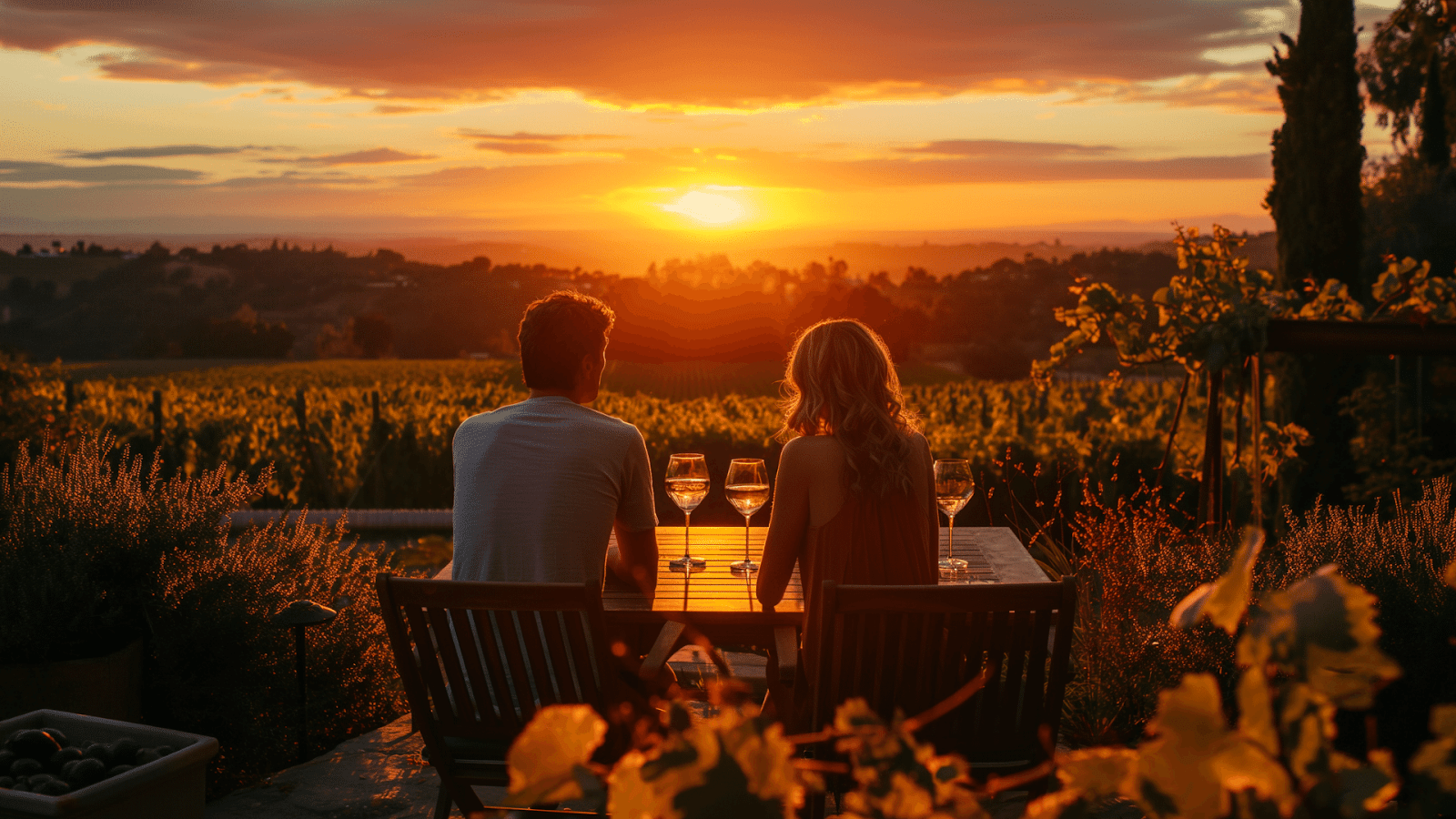 A couple enjoying the sunset with wine, and sans the mobile devices