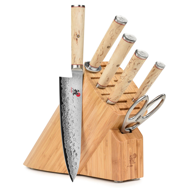 An image showing a Miyabi knife set, the Miyabi Birchwood seven-piece block set on plain white background.