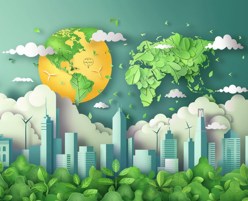 An illustration of a city surrounded by trees. This image represents initiatives by the Indian government to address climate change, as described by Startup India, which focus on sustainable practices to reduce greenhouse gas emissions.