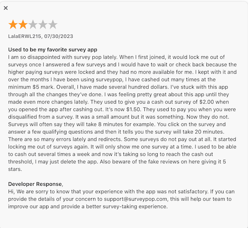 A 2-star Apple App Store review from a Survey Pop user who used to love the app and made hundreds wtih it but is disappointed with recent payment reductions and gliteches that result in lower earnings.