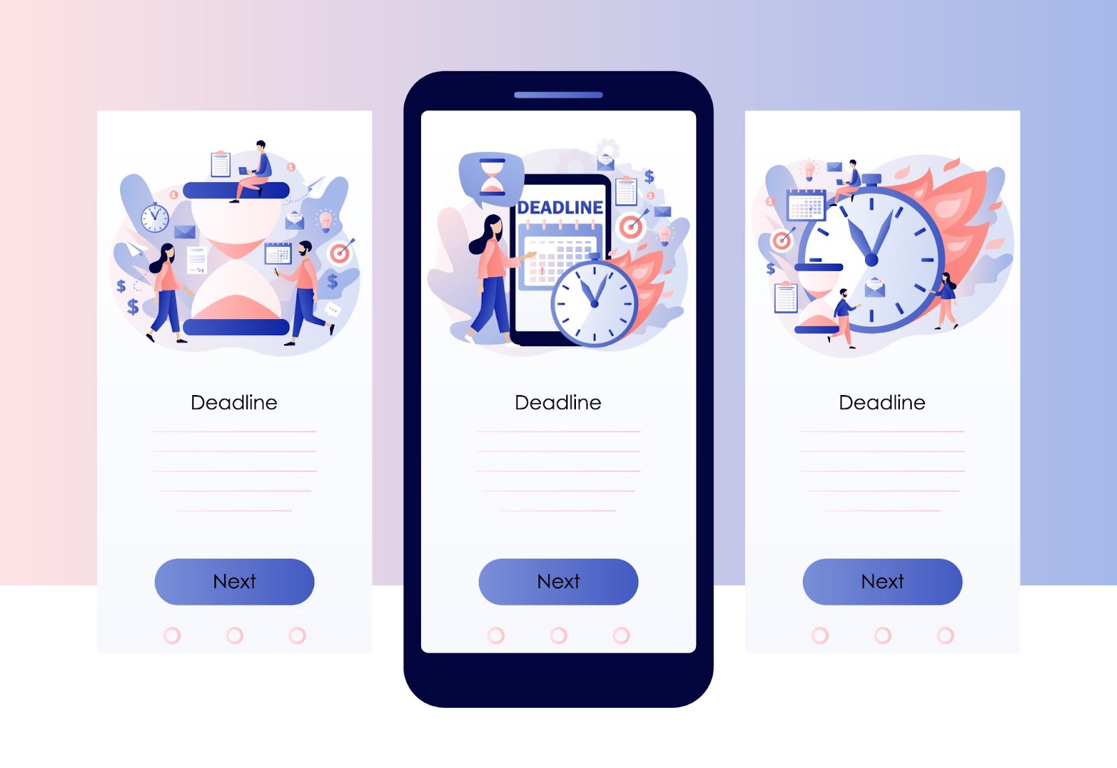 (Illustration of a smartphone and three screens displaying "Deadline" titled graphics, featuring clocks, timers, and people engaged in various activities related to the essential features of task scheduling software.)