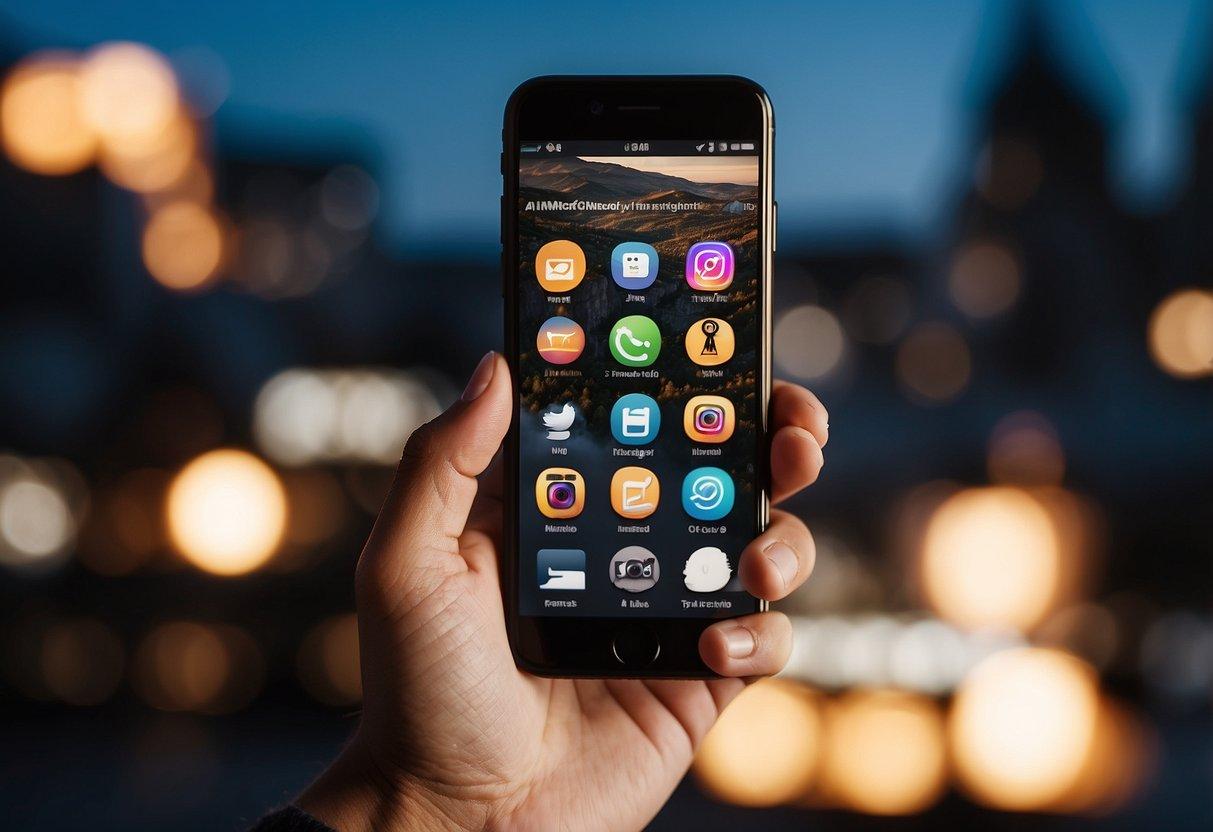 A hand holding a smartphone with an Instagram giveaway generator on the screen, surrounded by social media icons and engagement metrics