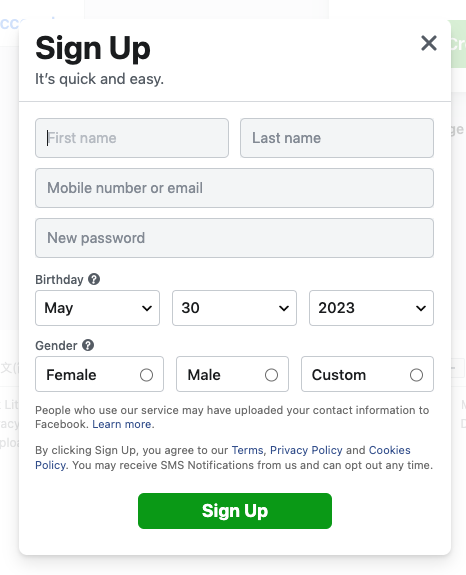 A screenshot of a sign up form  Description automatically generated