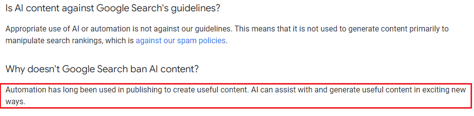 Google's screenshot saying Google is not against AI content